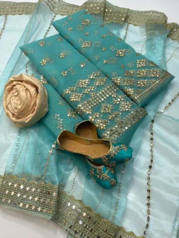 3 PC Fancy Unstitched Sequence Work Organza Shirt, Masoori Trouser With Embroidery Sleeves Organza Embroidered Dupatta – S32-2402A