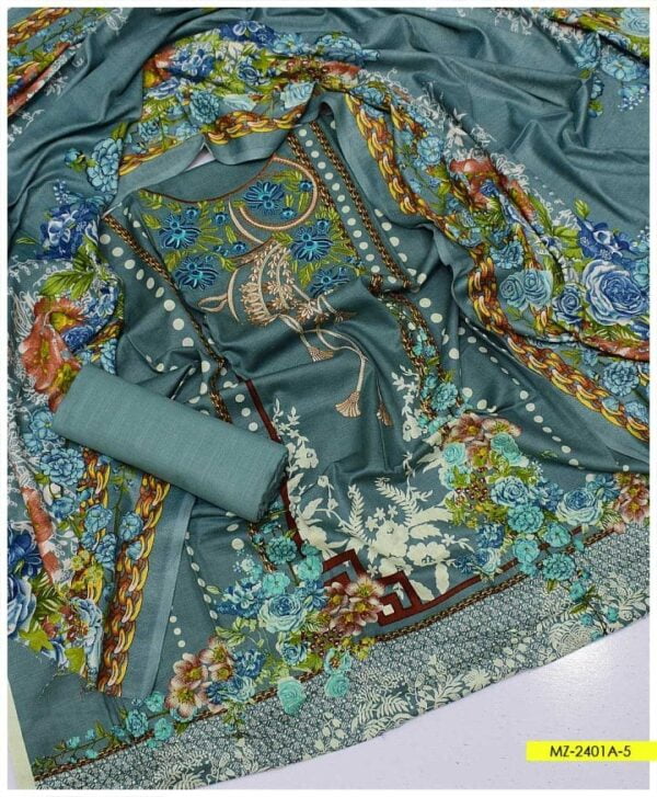 3 PC Unstitched Khaddar Neck Embroidery Shirt’ Printed Khaddar Dupatta with Plain Khaddar Trouser – MZ-2401A