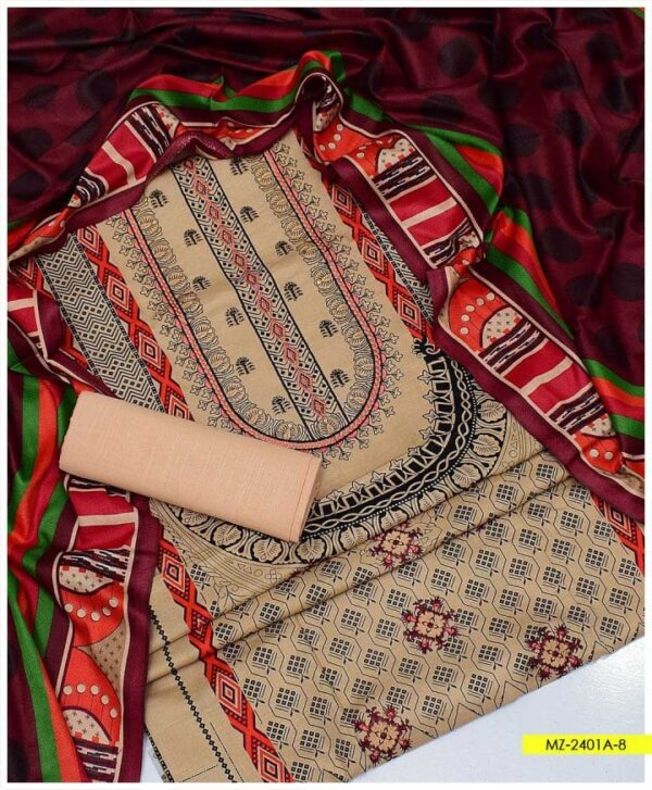 3 PC Unstitched Khaddar Neck Embroidery Shirt’ Printed Khaddar Dupatta with Plain Khaddar Trouser – MZ-2401A