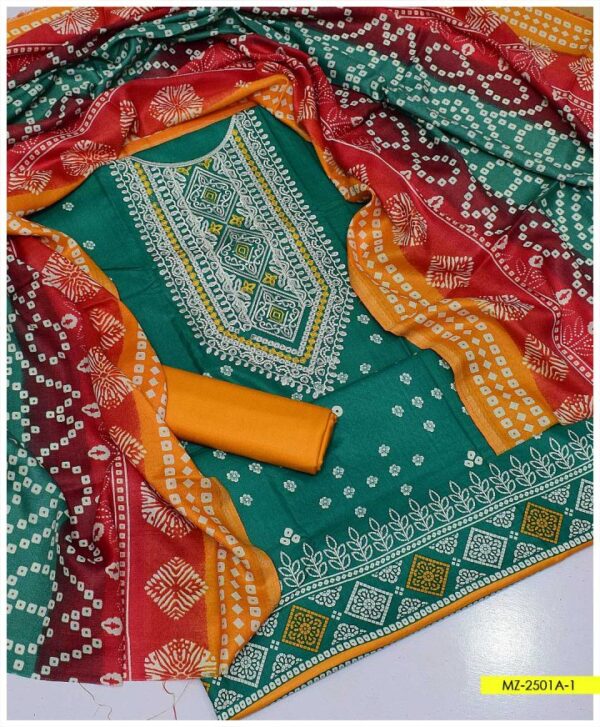 3 PC Neck Embroidered Marina Printed Shirt’ Wool Marina Printed Dupatta/Shawl With Plain Marina Trouser – MZ-2501A