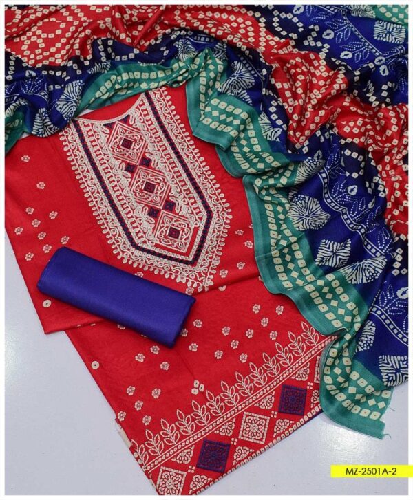 3 PC Neck Embroidered Marina Printed Shirt’ Wool Marina Printed Dupatta/Shawl With Plain Marina Trouser – MZ-2501A