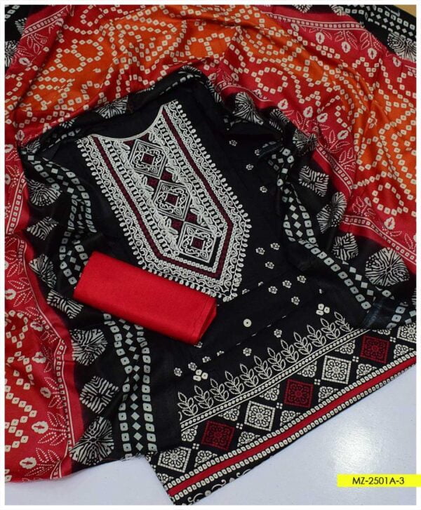 3 PC Neck Embroidered Marina Printed Shirt’ Wool Marina Printed Dupatta/Shawl With Plain Marina Trouser – MZ-2501A