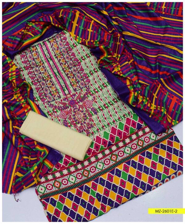 3 PC Printed Linen Unstitched Neck Embroidery Shirt’ Printed Linen Dupatta With Plain Linen Trouser – MZ-2601E