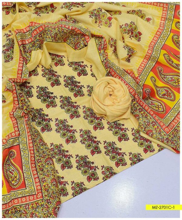 3 PC Unstitched Soft Khaddar Block Printed Shirt’ Block Printed Khaddar Dupatta With Plain Khaddar Trouser – MZ-2701C