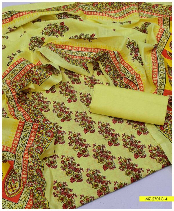 3 PC Unstitched Soft Khaddar Block Printed Shirt’ Block Printed Khaddar Dupatta With Plain Khaddar Trouser – MZ-2701C