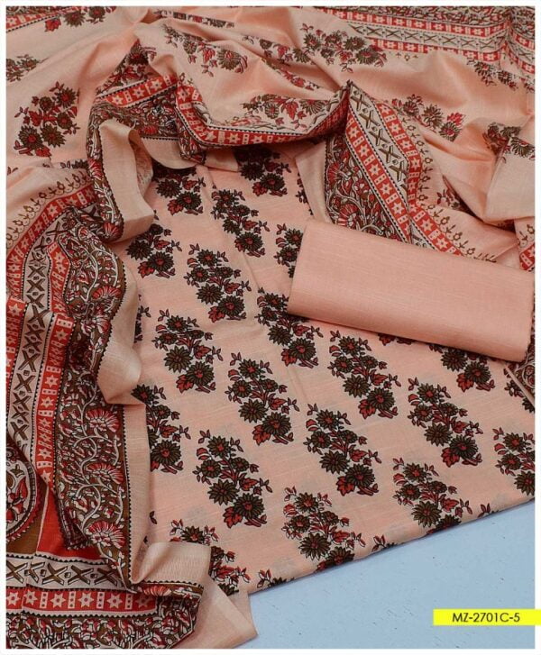 3 PC Unstitched Soft Khaddar Block Printed Shirt’ Block Printed Khaddar Dupatta With Plain Khaddar Trouser – MZ-2701C