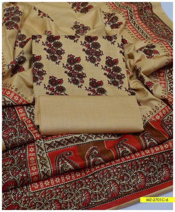 3 PC Unstitched Soft Khaddar Block Printed Shirt’ Block Printed Khaddar Dupatta With Plain Khaddar Trouser – MZ-2701C