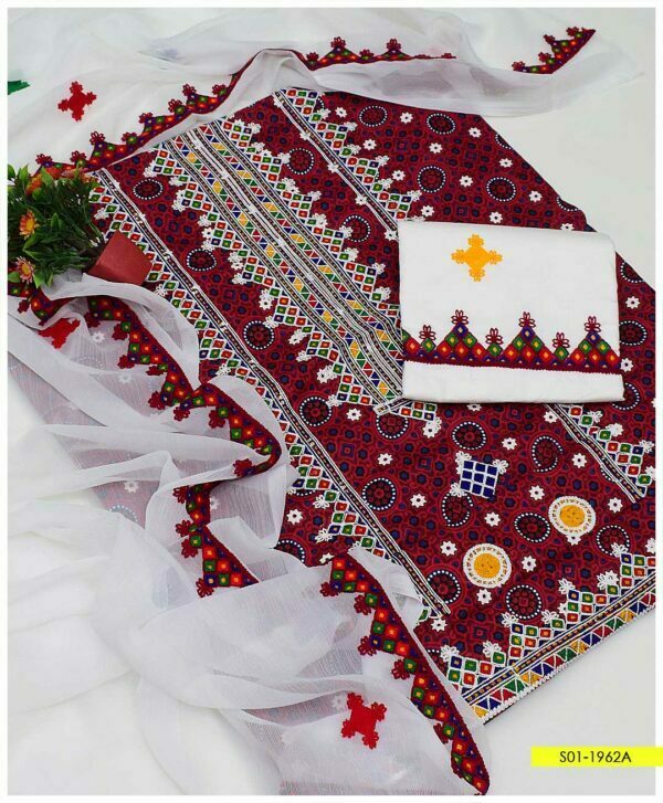 3 PC Unstitched Ajrak Lawn Embroidered Shirt, Cotton Trouser and Chiffon Dupatta – S01-1962A