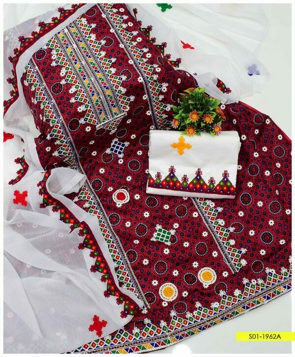 3 PC Unstitched Ajrak Lawn Embroidered Shirt, Cotton Trouser and Chiffon Dupatta – S01-1962A