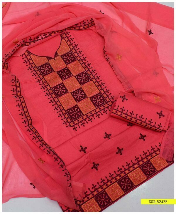 3 PCs Traditional Embroidered Cotton Lawn Summer Suits with Chiffon Dupatta – S02-5247F