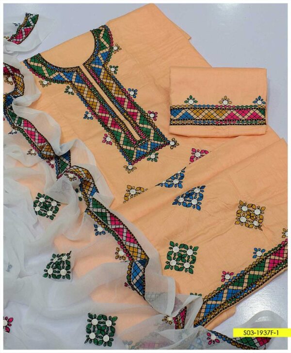 3 PC Cotton Lawn Machine Embroidered Shirt and Trouser with Chiffon Dupatta – S03-1937F