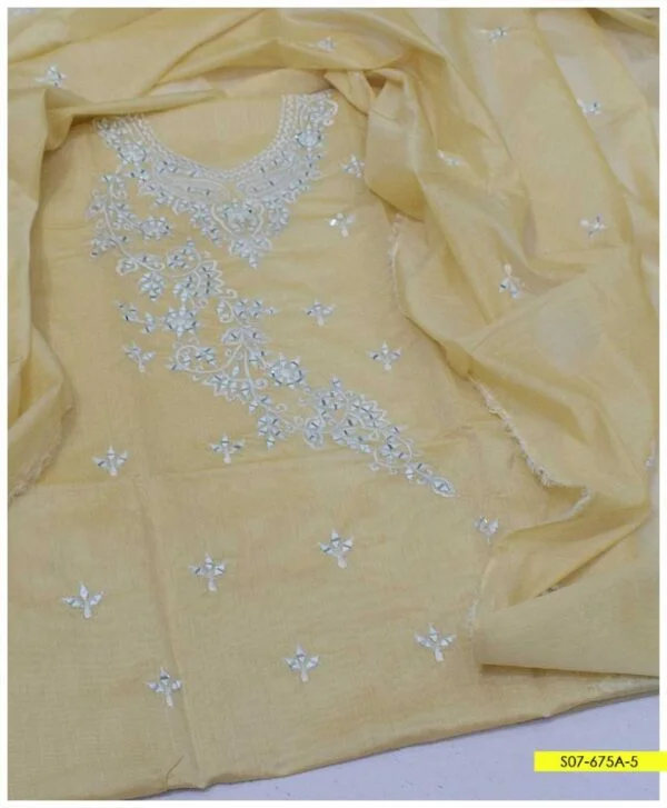 2 PC Unstitched Angrakha Style Mirror Work Embroidery Paper Cotton Shirt and Dupatta – S07-675A1