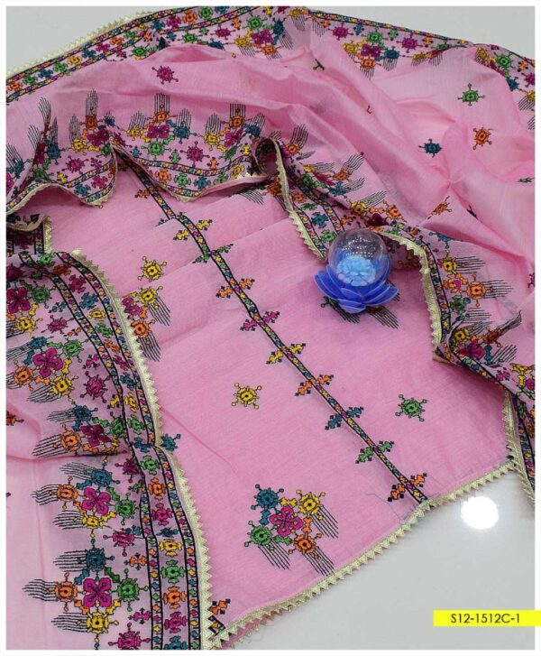 2 Pc Un-Stitched Embroidered Paper Cotton Shirt With 2 Side Border Paper Cotton Dupatta – S12-1512C