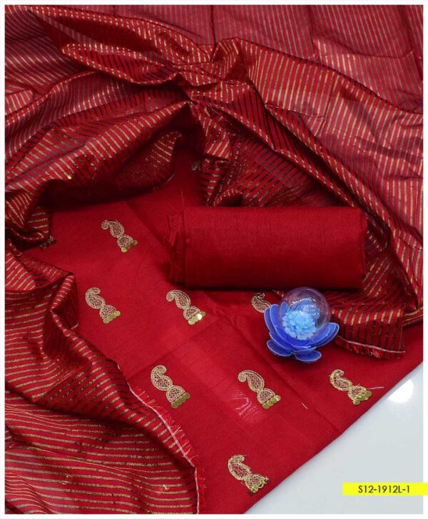 3 PC Un-Stitched Raw Silk Embroidered Shirt, Raw Silk Dupatta With Raw Silk Trouser- S12-1912L