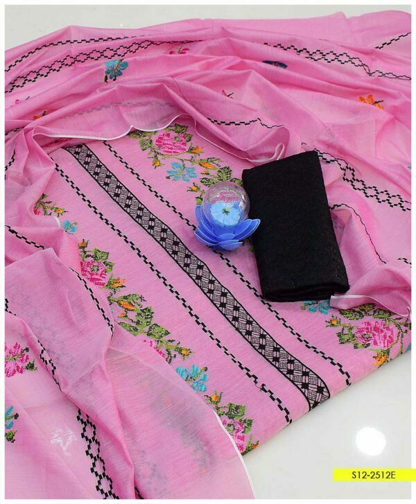 3 PC Un-Stitched Embroidered Paper Cotton Shirt And Dupatta Aith Chicken Kari Trouser – S12-2512E