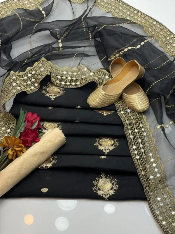 3 PC Fancy Unstitched Raw Silk Shirt, Plain Masoori Trouser With Organza Mirror Work Dupatta – S32-2702A