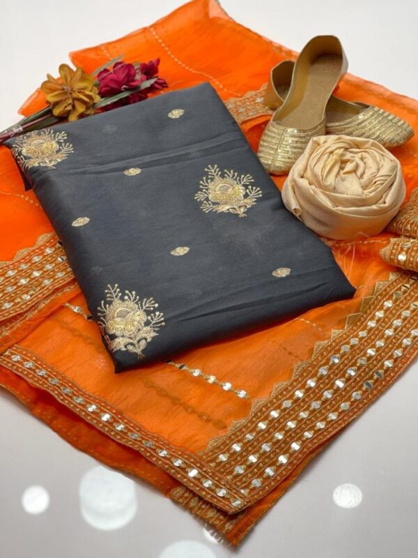 3 PC Fancy Unstitched Raw Silk Shirt, Plain Masoori Trouser With Organza Mirror Work Dupatta – S32-2702A