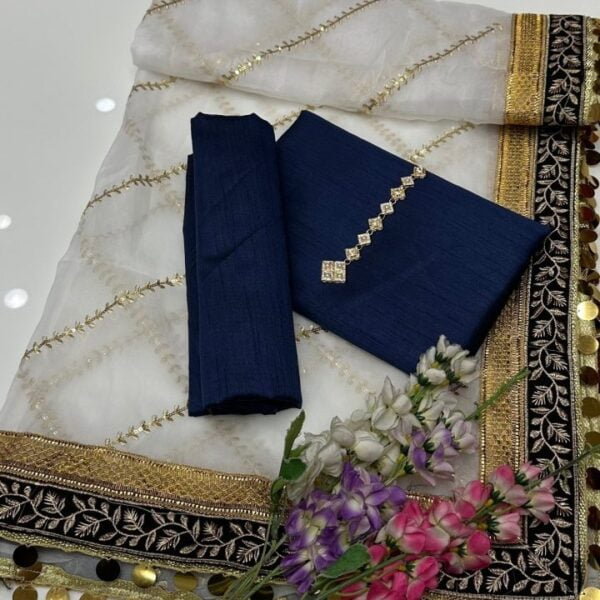 3 PC Fancy Unstitched Kathan Silk Plain Shirt and Trouser With Embroidered Organza Dupatta – S32-2802A