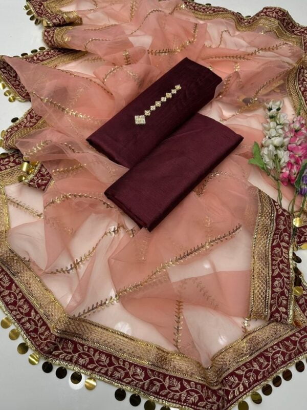 3 PC Fancy Unstitched Kathan Silk Plain Shirt and Trouser With Embroidered Organza Dupatta – S32-2802A