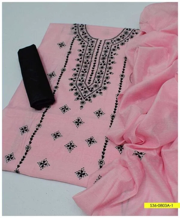 3 PC Hand Embroidered Paper Cotton Shirt And Dupatta With Kathaan Silk Trouser – S36-0803A