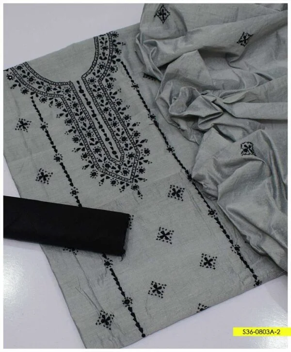 3 PC Hand Embroidered Paper Cotton Shirt And Dupatta With Kathaan Silk Trouser – S36-0803A