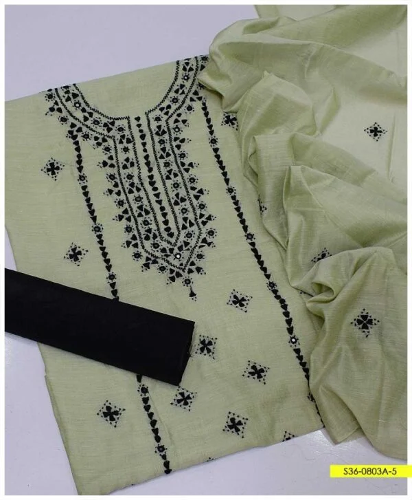 3 PC Hand Embroidered Paper Cotton Shirt And Dupatta With Kathaan Silk Trouser – S36-0803A