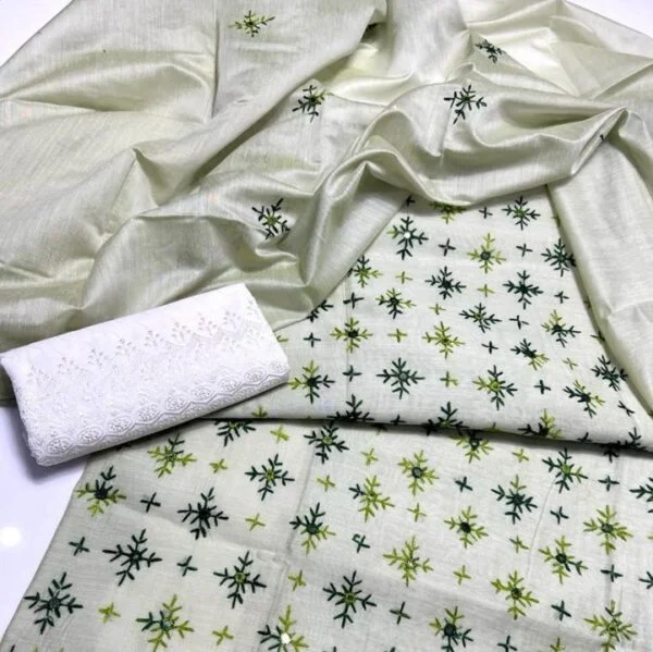 3 PC Unstitched Hand Embroidered Paper Cotton Shirt and Dupatta With Chicken Trouser – S36-103A