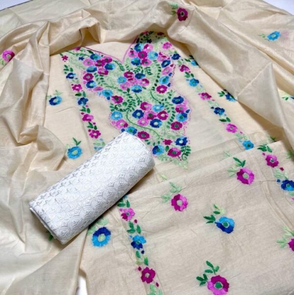 3 PC Unstitched Hand Embroidered Paper Cotton Shirt and Dupatta With Chicken Trouser – S36-103B