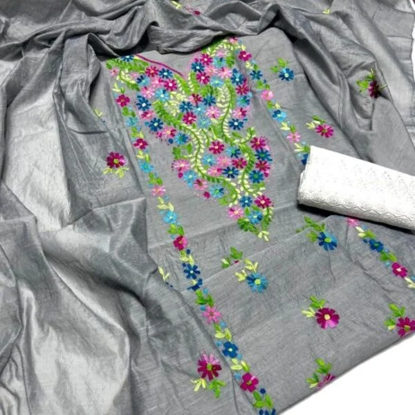 3 PC Unstitched Hand Embroidered Paper Cotton Shirt and Dupatta With Chicken Trouser – S36-103B