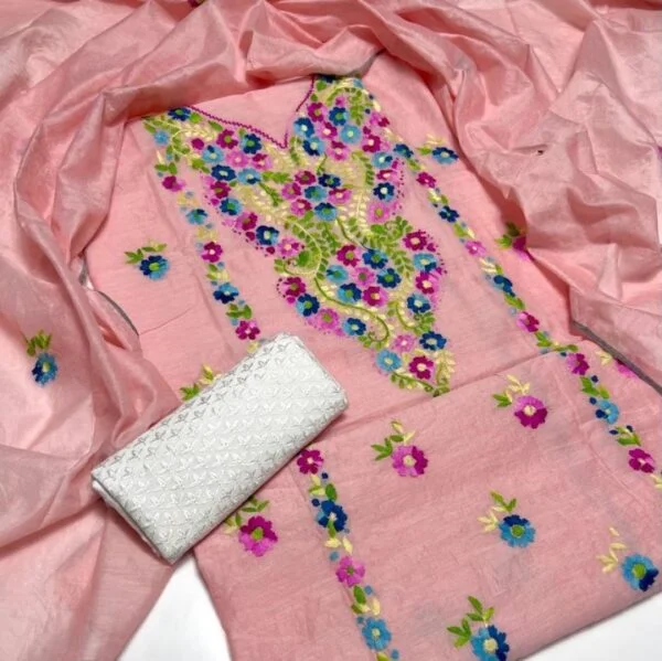 3 PC Unstitched Hand Embroidered Paper Cotton Shirt and Dupatta With Chicken Trouser – S36-103B