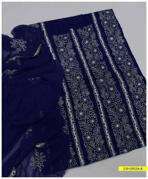 3 PC Hand Embroidered Chickenkaari with Taarkashi Work Cotton Lawn Shirt’Plain Lawn Trouser With Chiffon Dupatta – S39-0903A