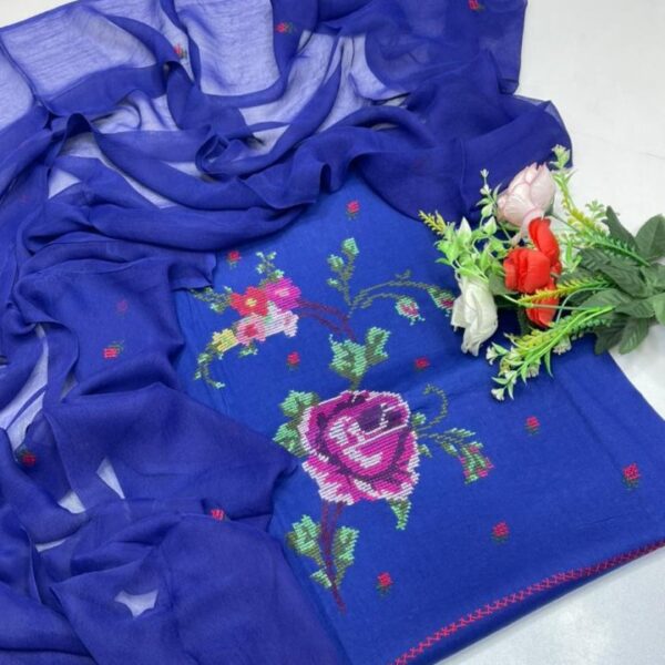 3 PC Hand Embroidered Cross Stitch Work Lawn Shirt, Lawn Trouser With Chiffon Embroidered Dupatta – S39-703A