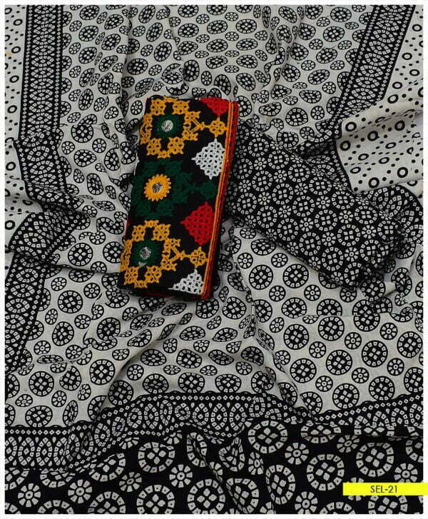 3 PC Embroidered Cotton Ajrak Printed Shirt’Embroidered Cotton Trouser With Ajrak Printed Cotton Dupatta – SEL-21