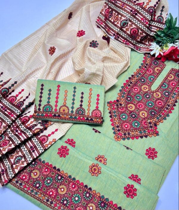 3 PC Unstitched Soft Khadi Khaddar Embroidered Shirt and Trouser With Embroidered Khadi Cotton Dupatta – S36-2402A