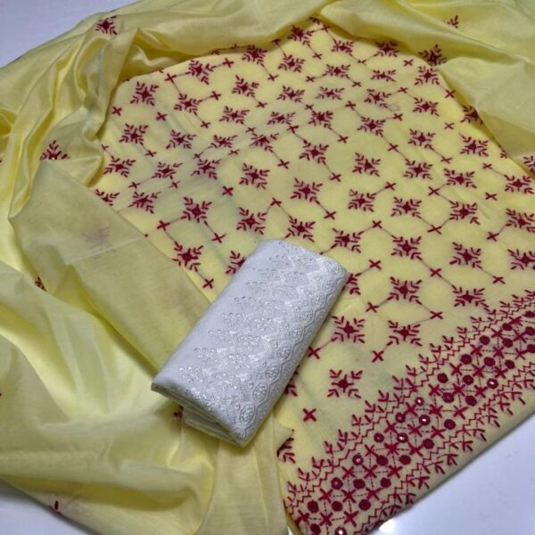 3 PC Unstitched Hand Embroidered Paper Cotton Shirt and Dupatta With Chicken Trouser – S36-103A