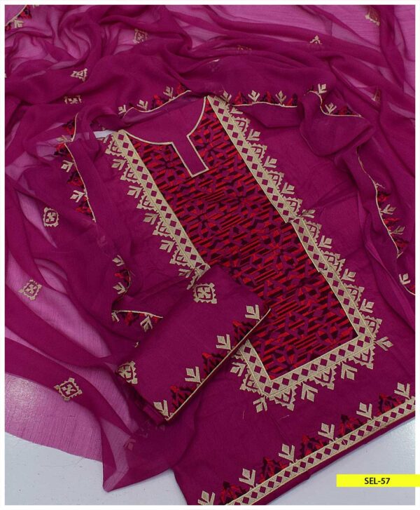 3 PC Unstitched Lawn Embroidered Shirt, Embroidered Lawn Trouser with Chiffon Embroidered Dupatta – sel57