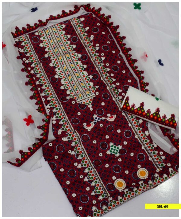 3 PC Unstitched Ajrak Lawn Embroidered Shirt, Cotton Trouser and Chiffon Dupatta – SEL69